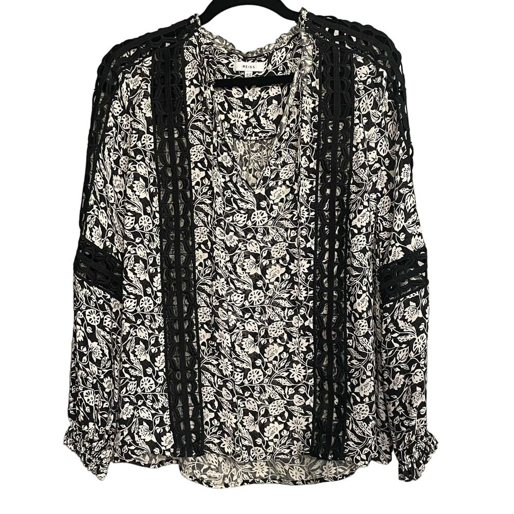 Reiss Top Womens Florence Floral Lace Inset Blouse Sz 8 Boho Tie Ruffle Viscose